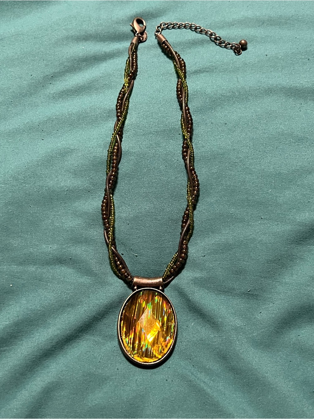 Lauren Ashley Olive Green Beaded Necklace with yellow  Faceted Pendant